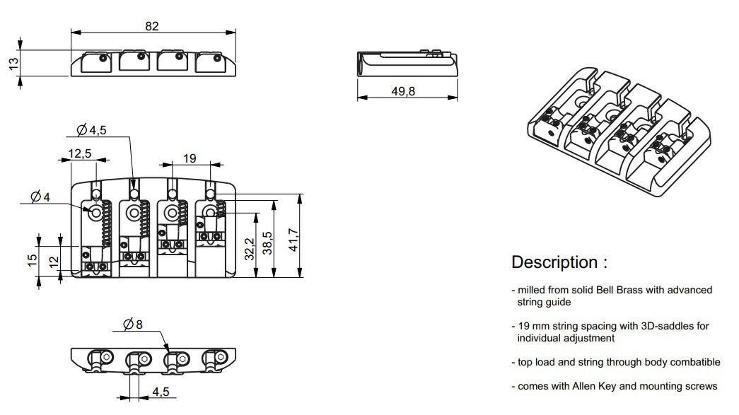 ABM - ABM3704C19 MkII 4弦ベース用 ベルブラスブリッジ 弦間19mm クローム