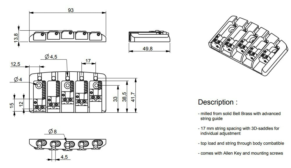 ABM - ABM3705C17 MkII 5弦ベース用 ベルブラスブリッジ 弦間17mm クローム