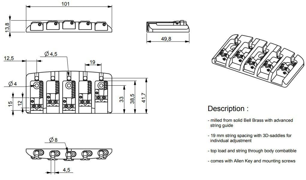 ABM - ABM - ABM3705C19 MkII 5弦ベース用 ベルブラスブリッジ 弦間19mm クローム